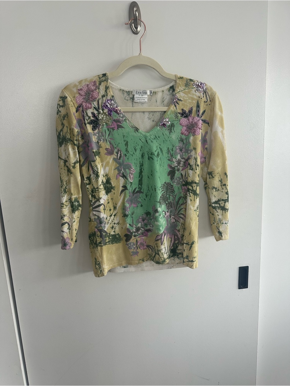 Embroidered Floral V-Neck Women's Top - Green & Yellow Y2K
